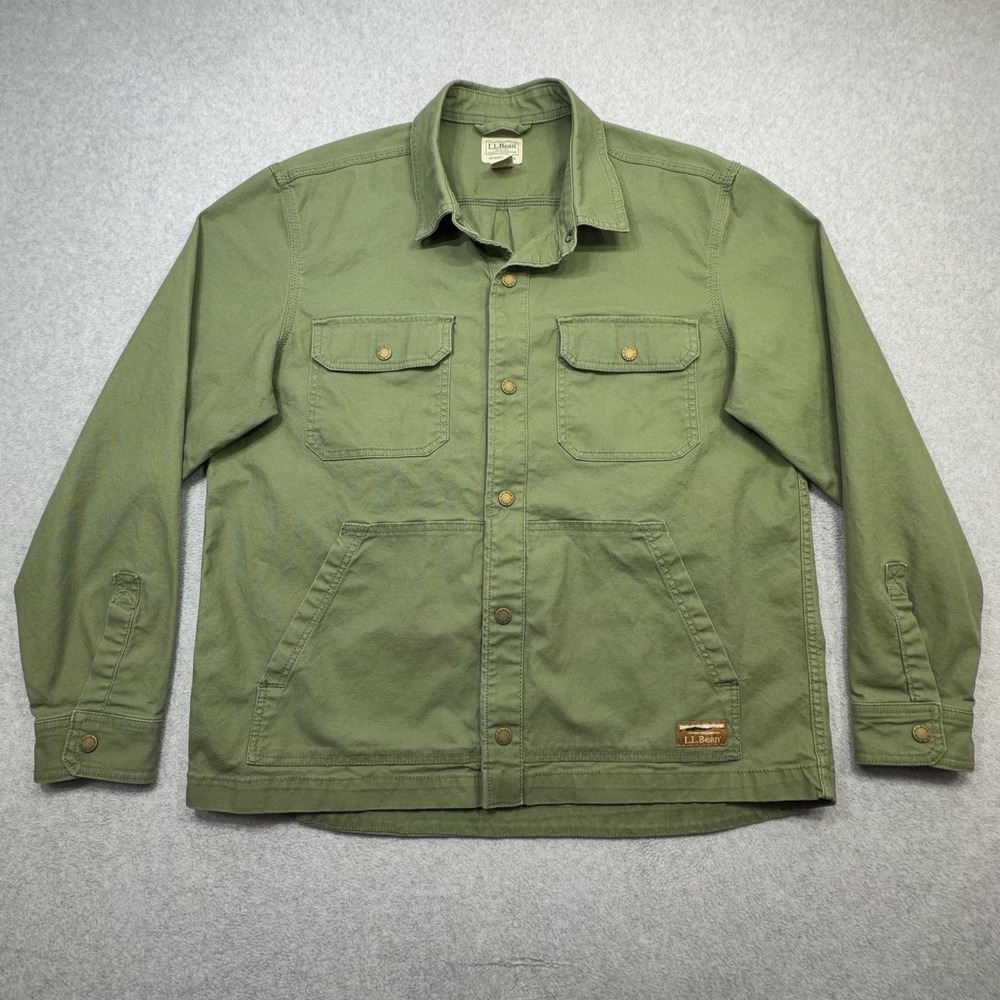 LL Bean Jacket Mens Medium Green Bean Built Canvas Shirt Jac Outdoor Workwear